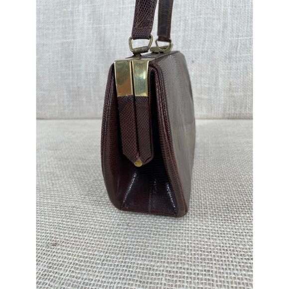 Vintage Brown Lizard Handbag, Brass fittings, Rounded Structure, Exc Condition - Picture 6 of 9